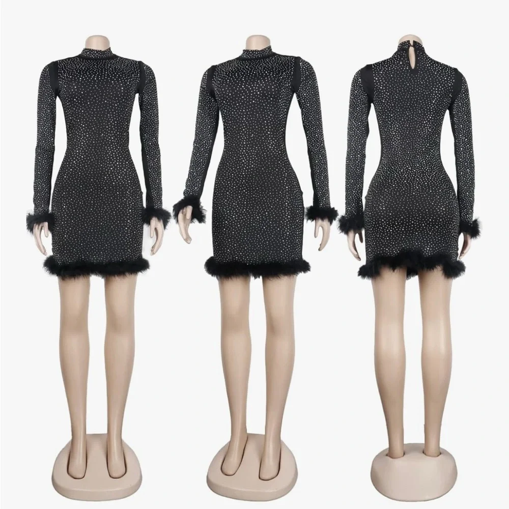Fun Black Glitter Dress with Feather Accents! - Picture 2 of 4